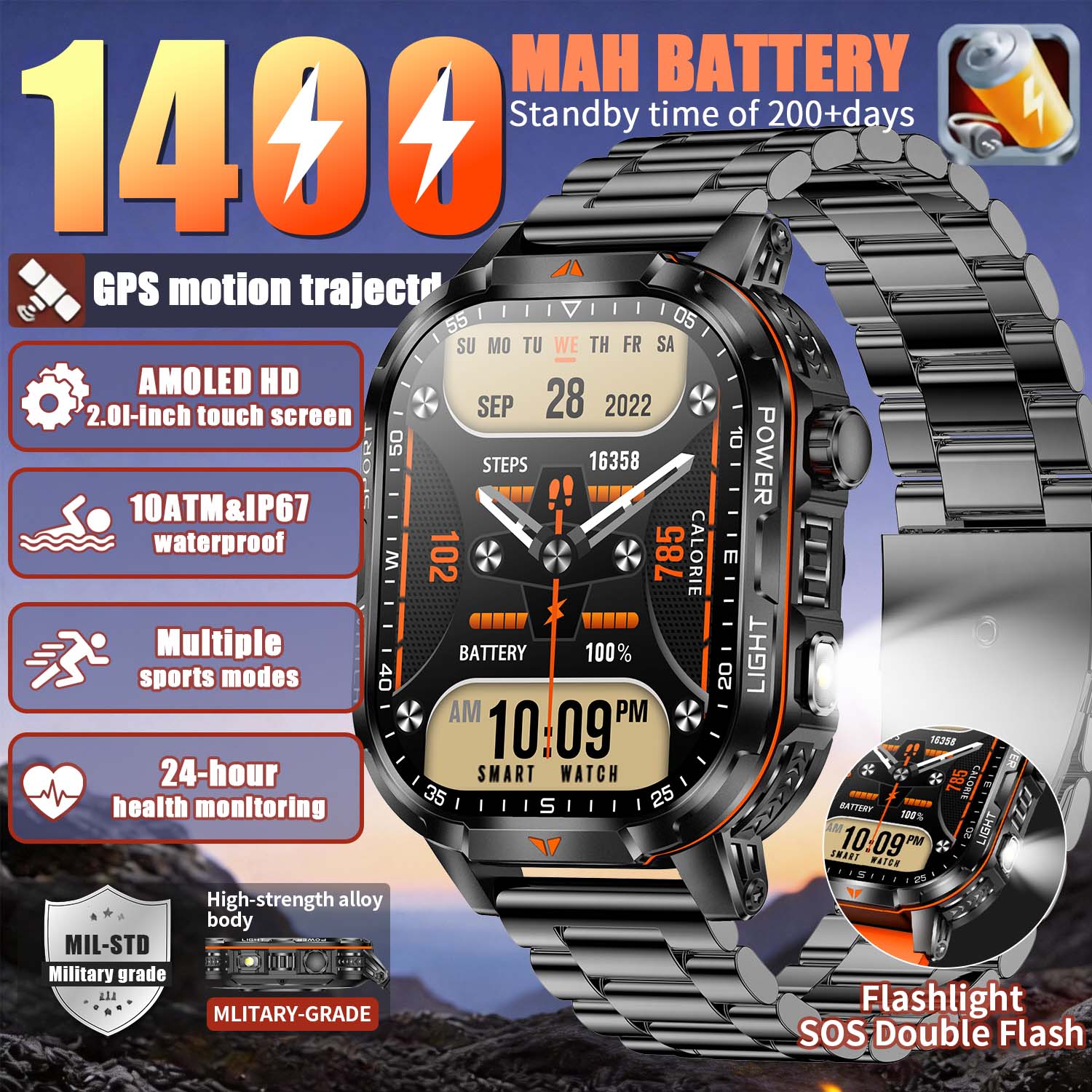 French Connection Watches Smartwatch App - 2026 신형 군용 1400mAh 배터리 스마트워치