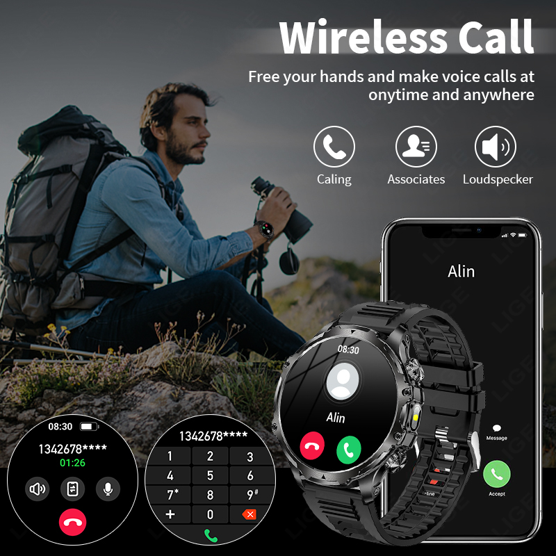 LIGE Smartwatch 군용 남성용 1.9 