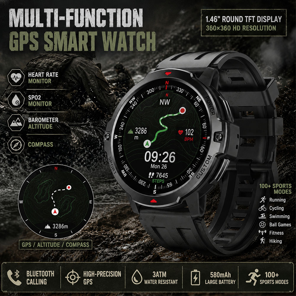 새로운 1.46인치 군용 GPS 스마트워치 3ATM 방 - Smartwatch Timex Watches For Men 리뷰 및 가격